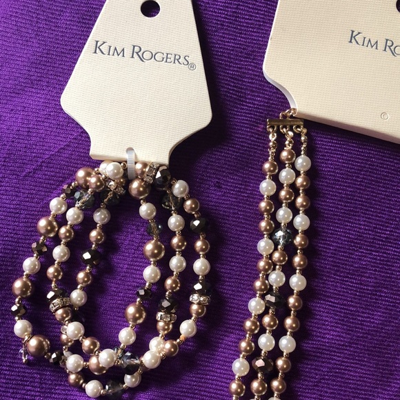 Kim Rogers 3 strand beaded necklace and bracelet. Pearl, gold and bronze beads - Picture 2 of 6